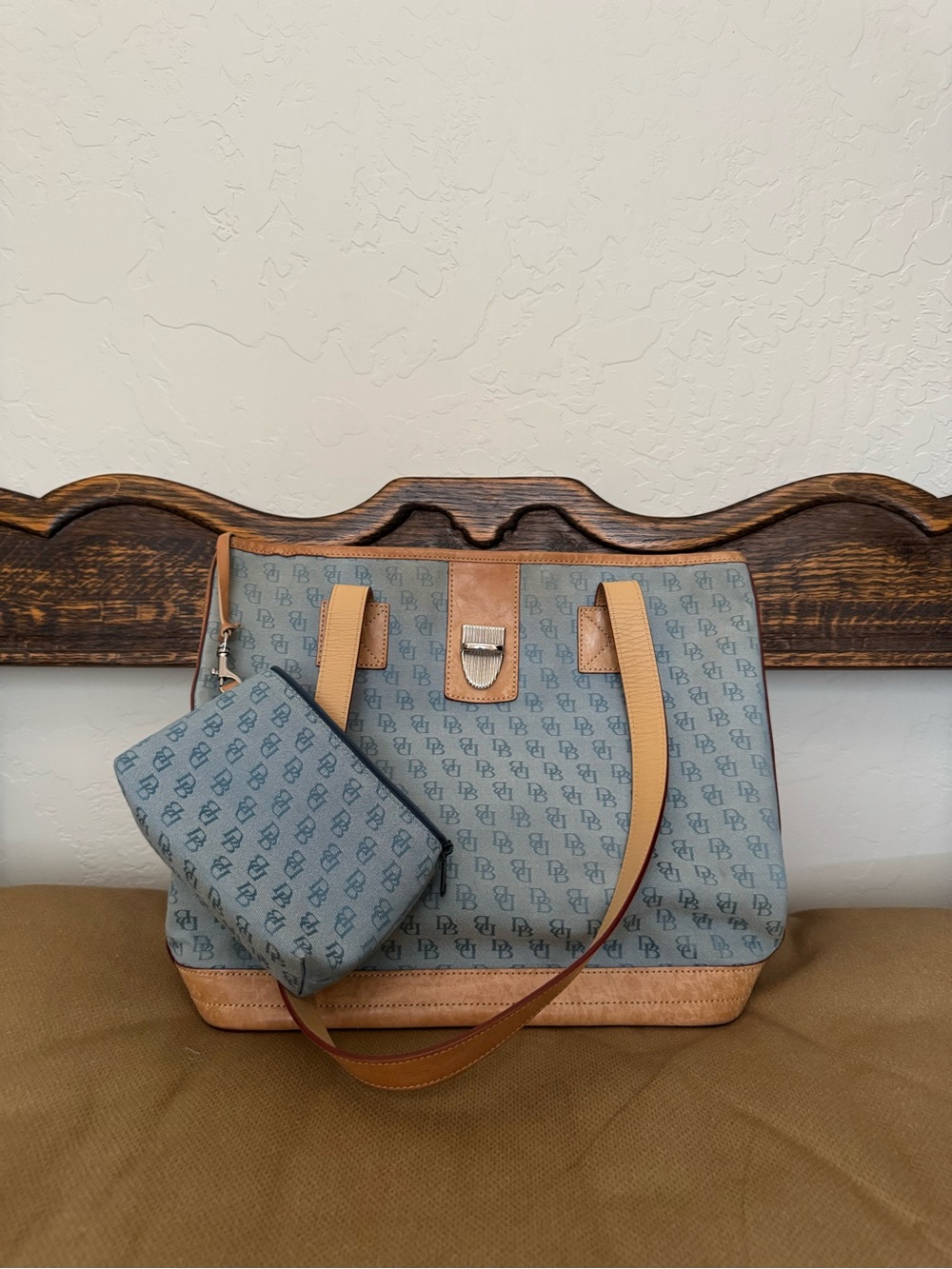 Structured Blue Monogram Tote with Tan Trim